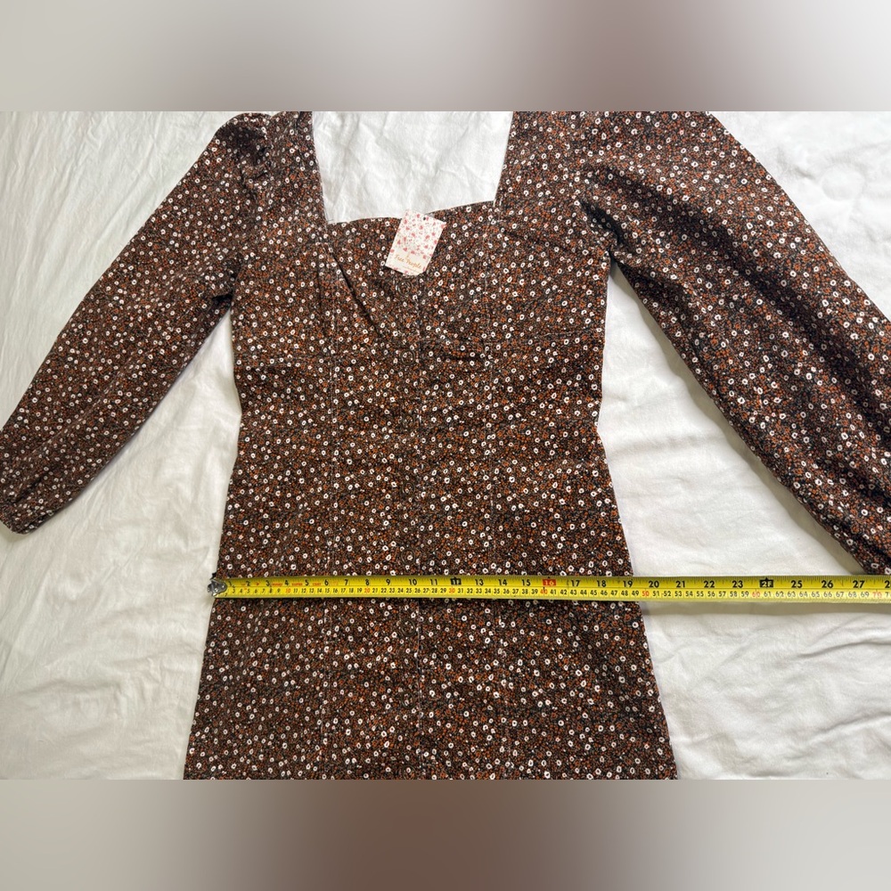 Free People Clementine Corduroy Mini Dress Brown Floral Puff Sleeve Size 10 NWT - Picture 12 of 13
